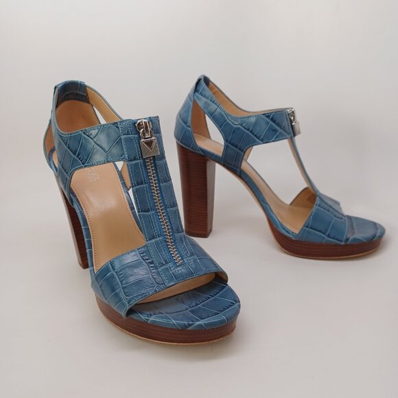 Michael Kors Heels Blue Leather Zip Front Platform Sandals Berkley Womens 7 - Picture 8 of 15